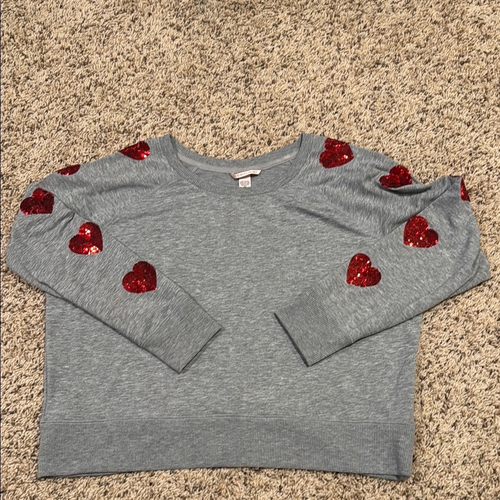 Victoria’s Secret size XL gray sweatshirt with red sequins hearts down sleeves